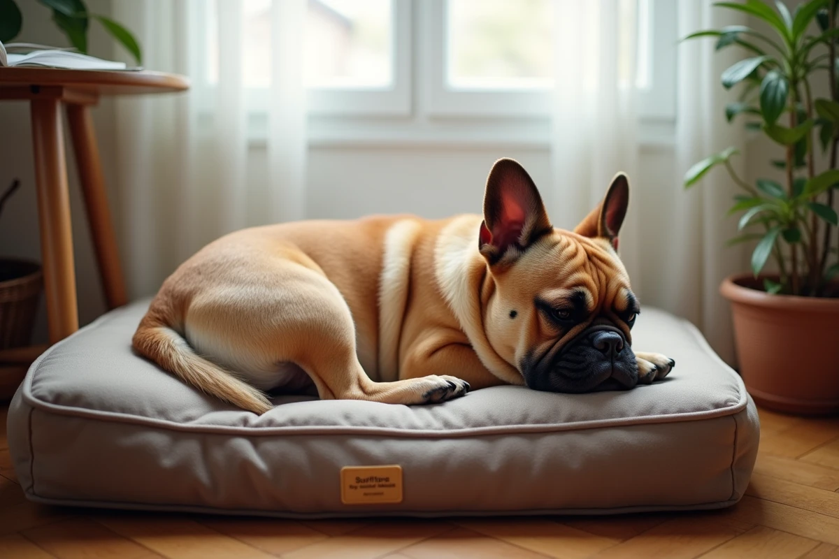 Bouledogue français à poils longs endormi sur un coussin orthopédique près d'une fenêtre d'appartement