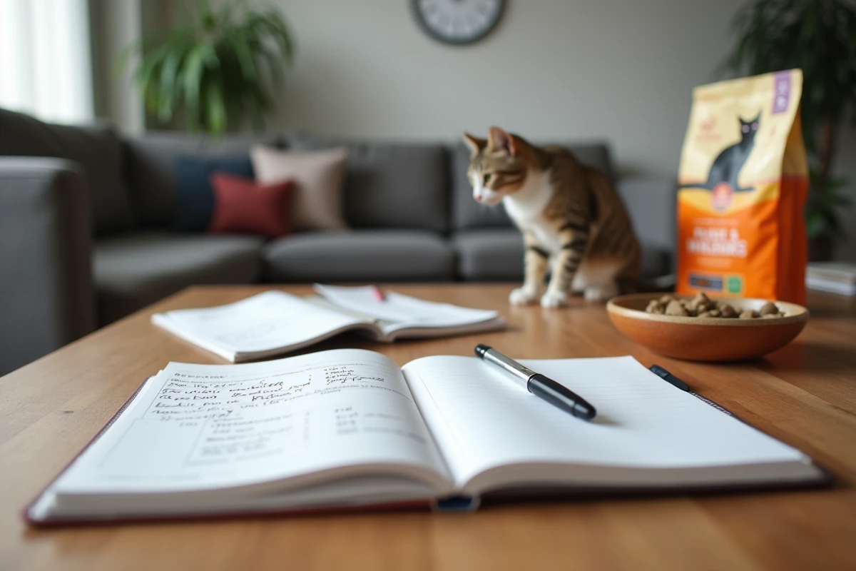 Bureau avec notes de budget, reçus vétérinaires et accessoires pour chat, symbolisant le coût d'adoption d'un chat la première année