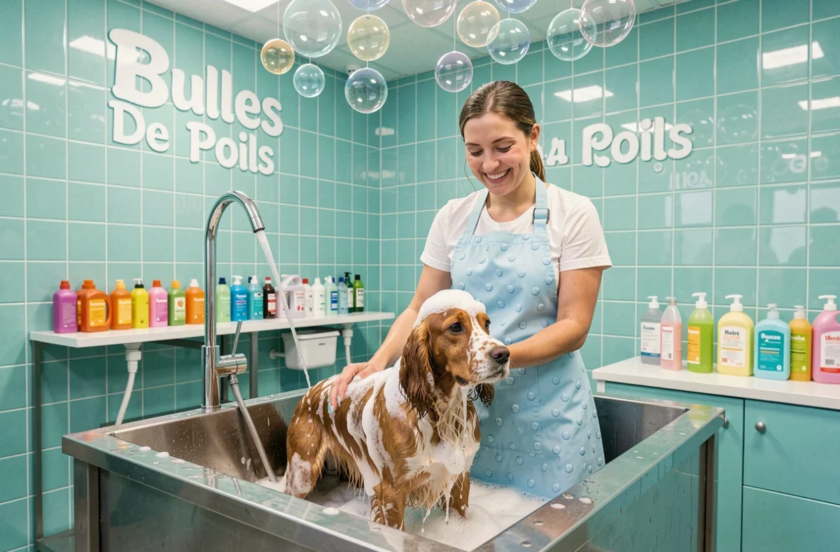 Toiletteuse souriante rinçant un Cocker Spaniel savonneux dans le salon Bulles de Poils aux murs carrelés bleu aqua