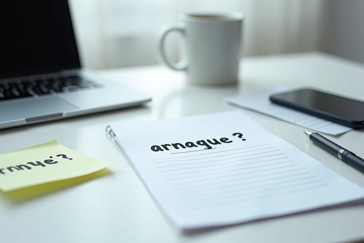 Bureau avec notes manuscrites sur les arnaques en ligne, symbolisant une enquête sur les risques liés au site de chat Aplouf.com