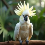 Cacatoès blanc perché sur une branche en bois avec sa huppe déployée, idéal pour illustrer les animaux en U d'un abécédaire