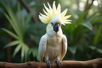 Cacatoès blanc perché sur une branche en bois avec sa huppe déployée, idéal pour illustrer les animaux en U d'un abécédaire