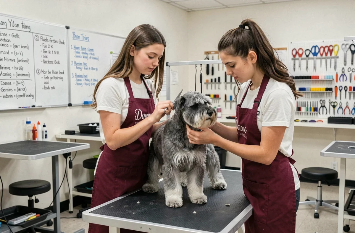 Canichou salon et école de toilettage avec une formatrice guidant une étudiante sur un schnauzer