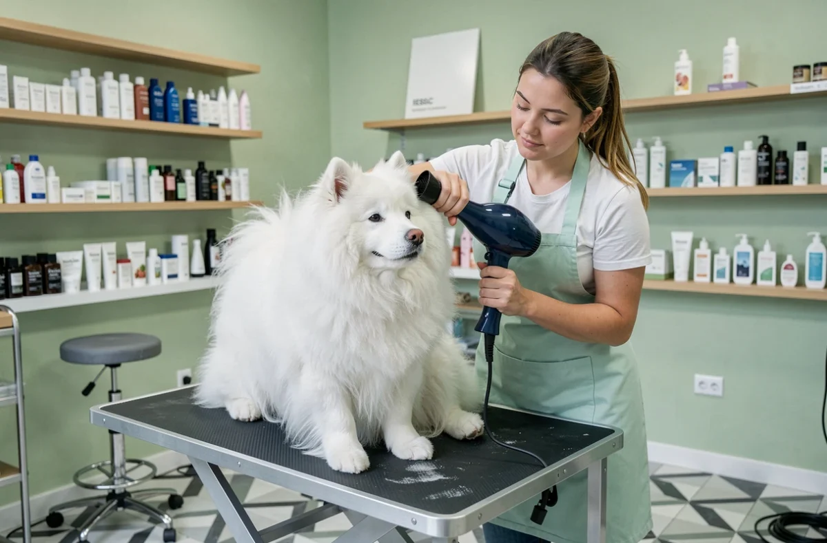 Salon Canid'Éa à Pessac avec une toiletteuse séchant un Samoyède sur la table de toilettage