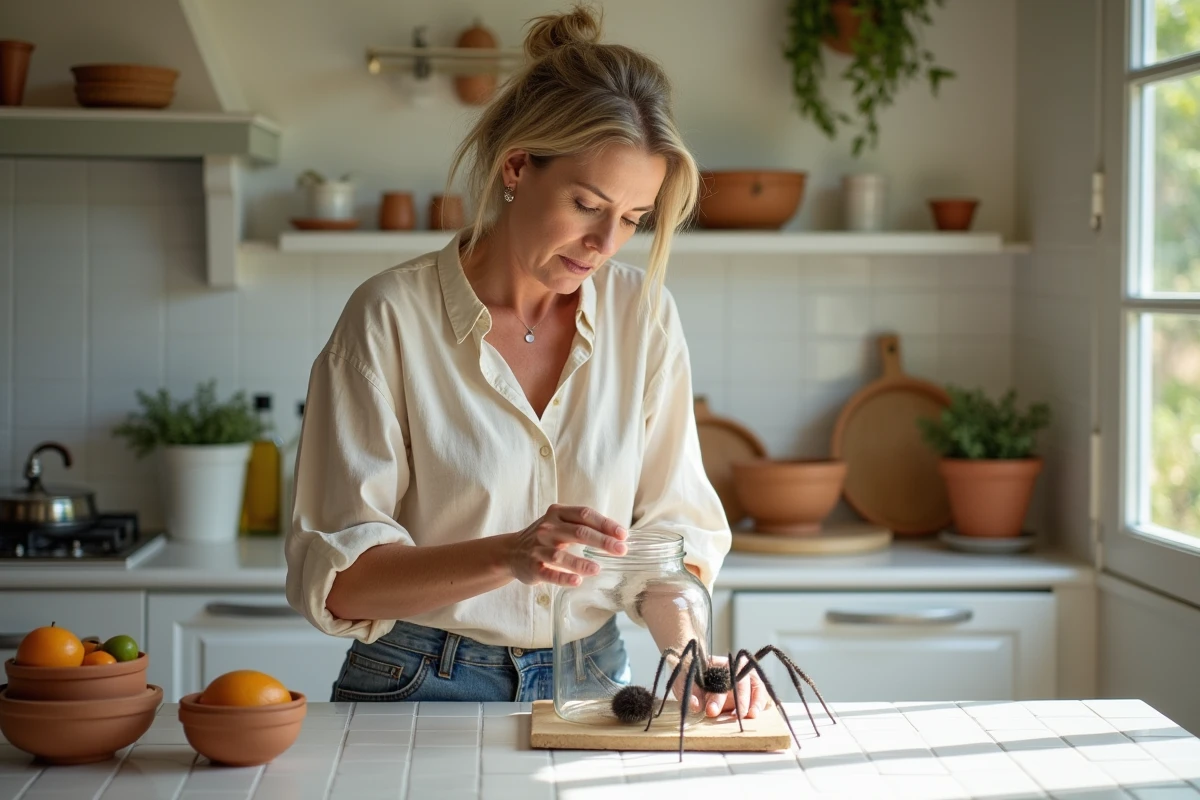 Femme capturant une mygale de Provence sous un bocal en verre dans une cuisine provençale