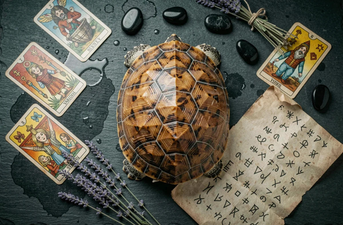 Vue aérienne d'une carapace de tortue naturelle entourée de cartes de tarot et de symboles ésotériques sur ardoise