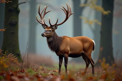 Cerf élaphe mâle avec ses grands bois en forêt européenne à l'automne, idéal pour distinguer cerf et chevreuil
