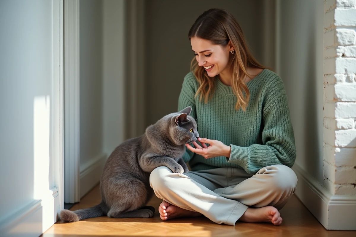 Chat bleu de Russie faisant des câlins à sa propriétaire assise sur un parquet en bois, montrant son caractère affectueux