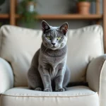 Chat bleu de Russie aux yeux verts posé sur un fauteuil en lin crème dans un intérieur scandinave chaleureux