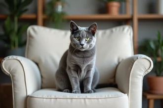 Chat bleu de Russie aux yeux verts posé sur un fauteuil en lin crème dans un intérieur scandinave chaleureux