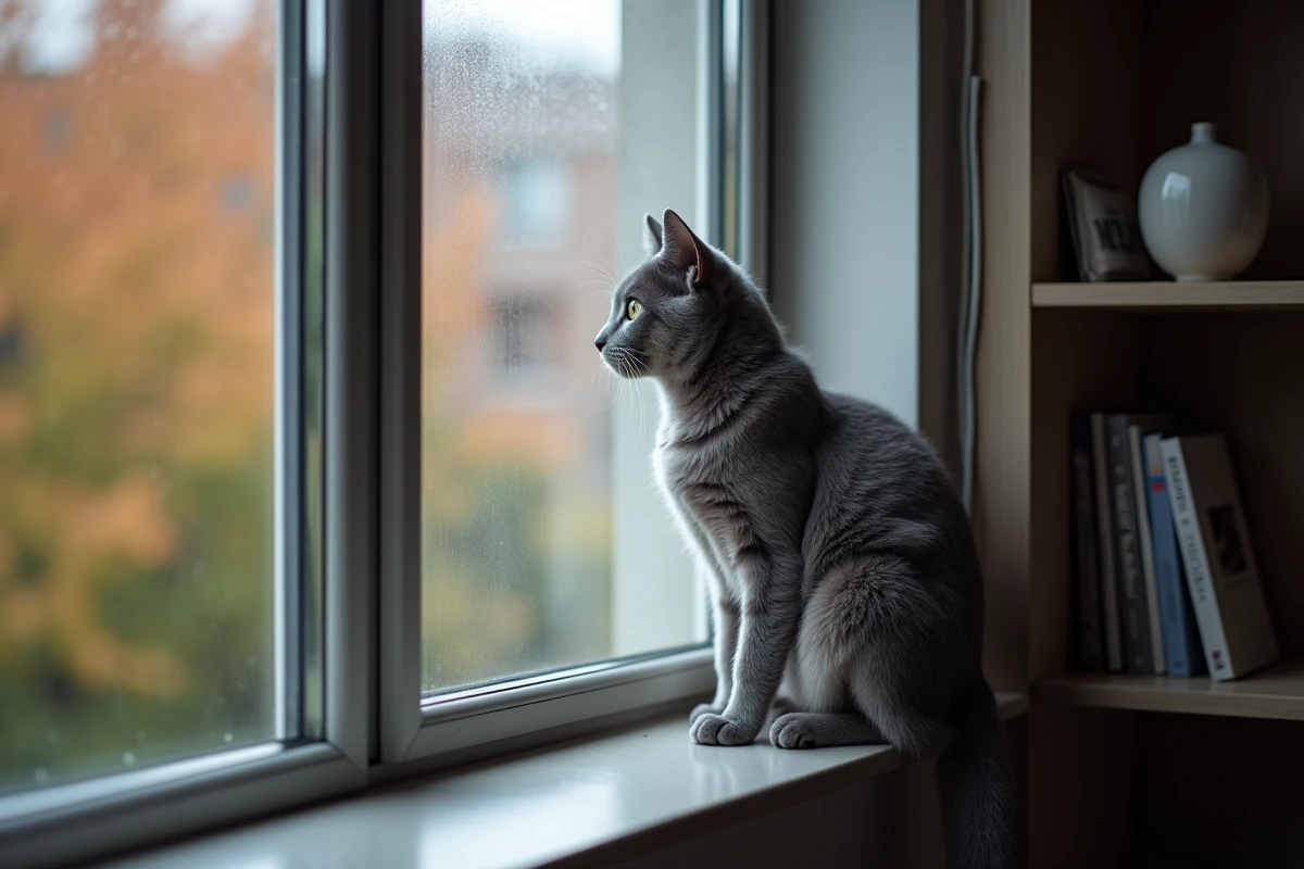 Chat bleu de Russie indépendant perché sur un rebord de fenêtre regardant vers l'extérieur avec une posture calme et autonome