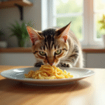 Chat curieux reniflant des pâtes sur une table moderne
