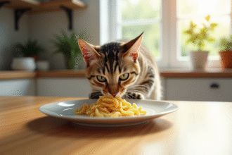 Chat curieux reniflant des pâtes sur une table moderne