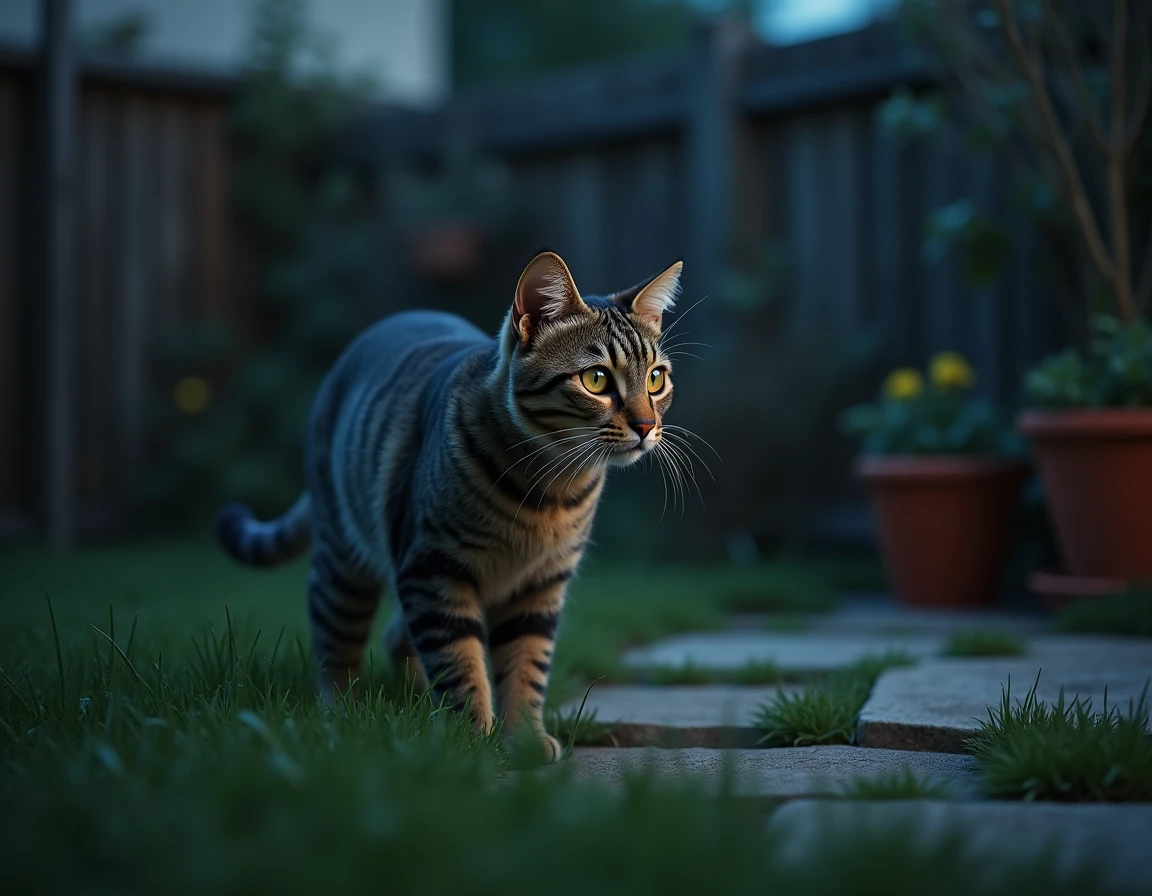 Chat domestique tigré en alerte dans un jardin la nuit, fourrure hérissée et pupilles dilatées, posture de peur face à une menace invisible