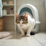 Chat femelle blanche et tachetee pres de la litiere dans la salle de bain