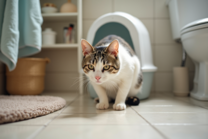 Chat femelle blanche et tachetee pres de la litiere dans la salle de bain