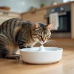 Chat tigré buvant à une fontaine à eau en céramique blanche sur un sol en bois clair dans une cuisine moderne