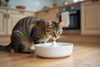 Chat tigré buvant à une fontaine à eau en céramique blanche sur un sol en bois clair dans une cuisine moderne