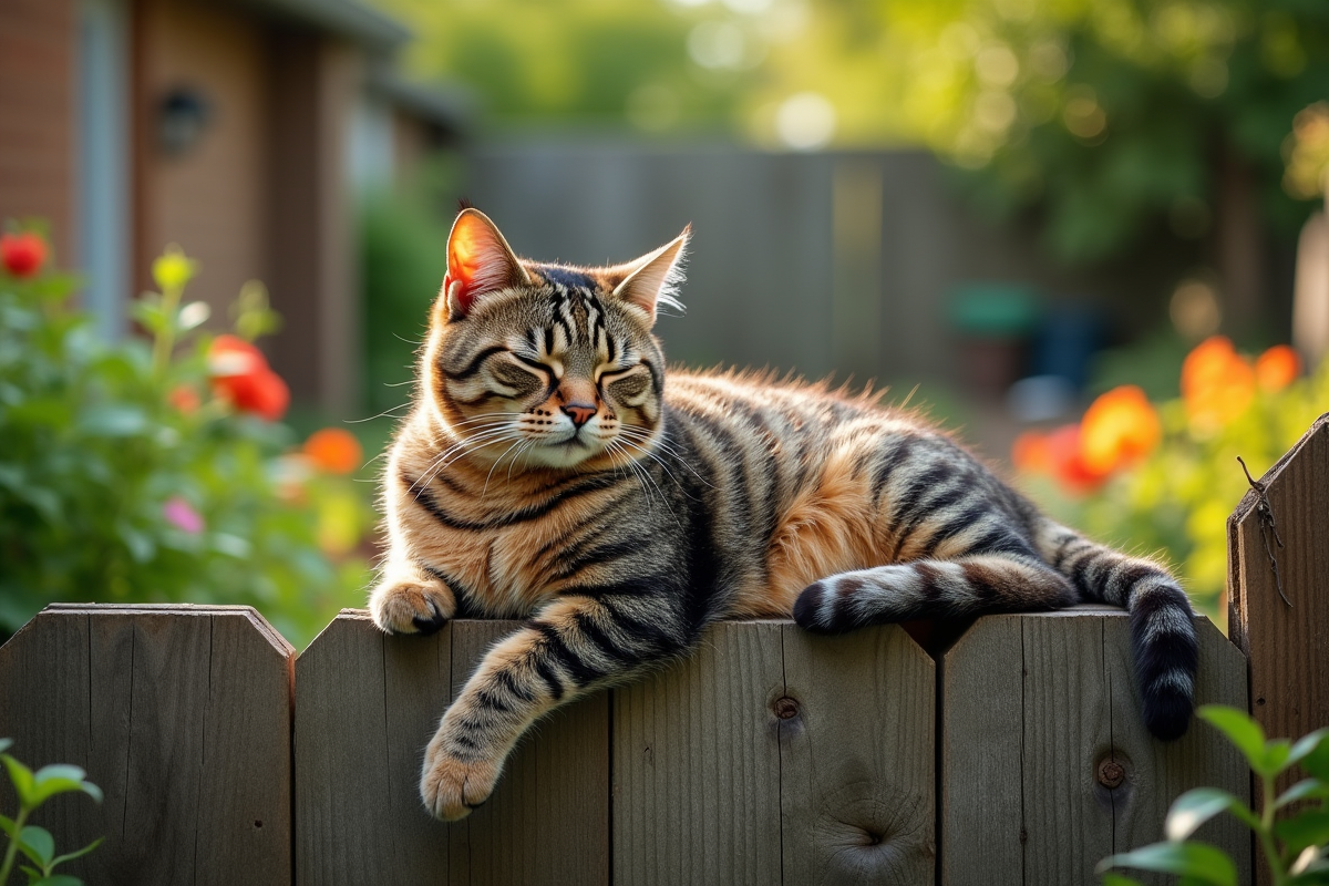 Chat tacheté allongé sur une clôture en bois dans un jardin