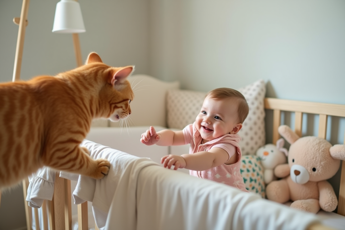 Chat roux observant un bébé souriant dans un lit moderne