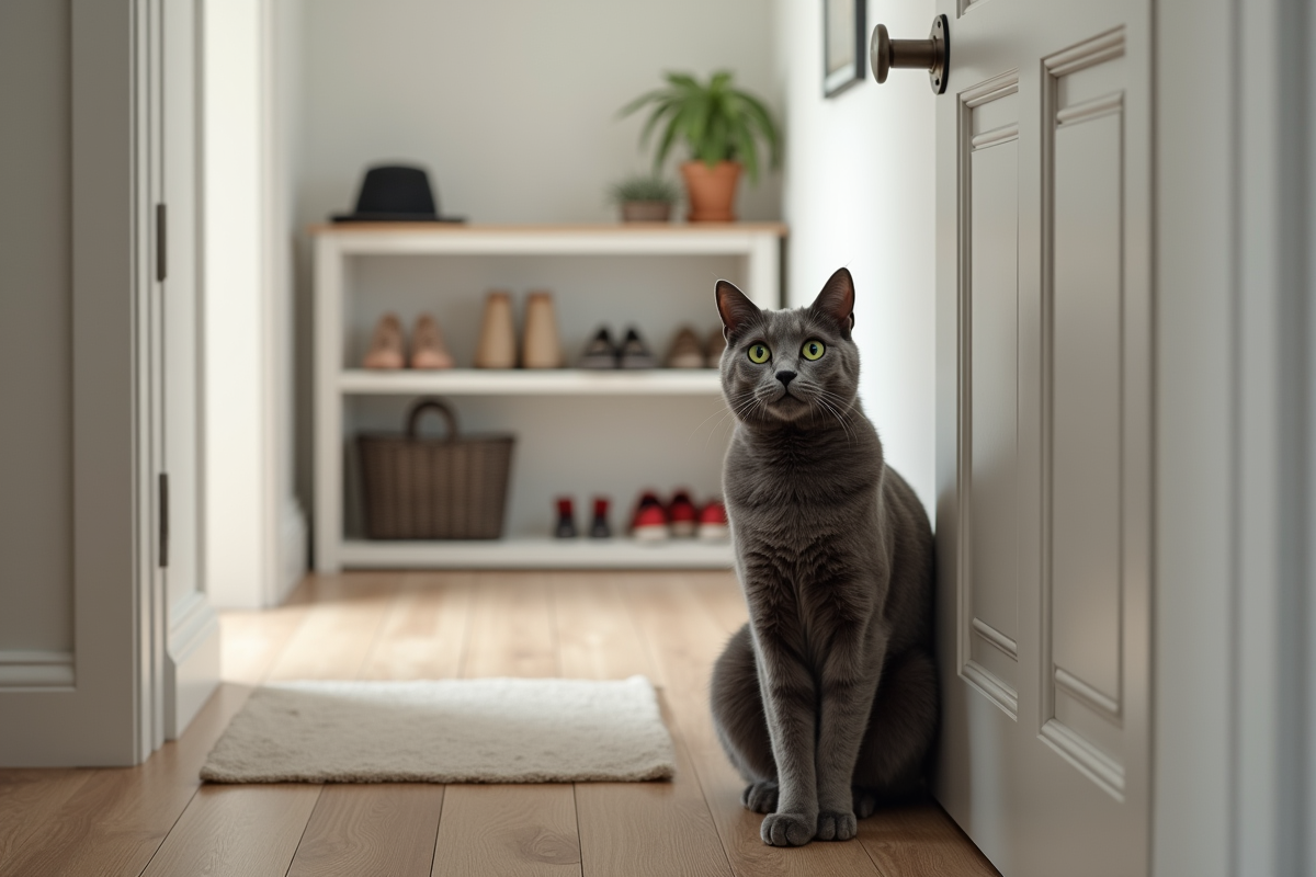Chat gris aux yeux verts près d'une porte d'appartement