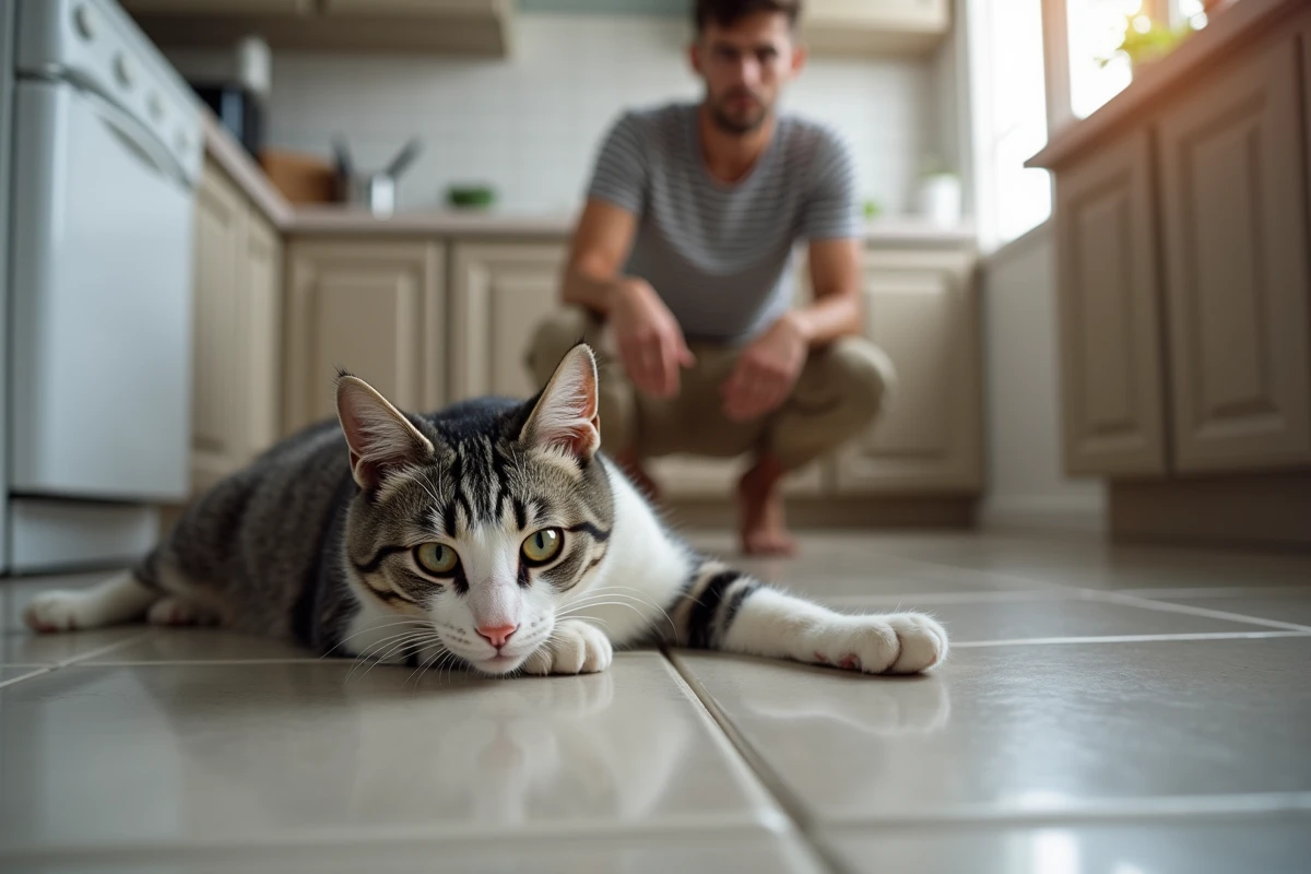 Chat gris blanc inconfortable sur le sol de la cuisine