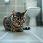 Chat tabby domestique à l'air malade assis sur le carrelage de salle de bain, posture voûtée et yeux mi-clos signalant un malaise