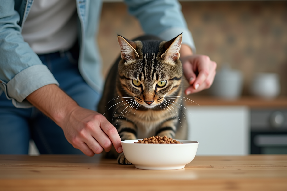 Chat adulte mangeant dans une cuisine chaleureuse