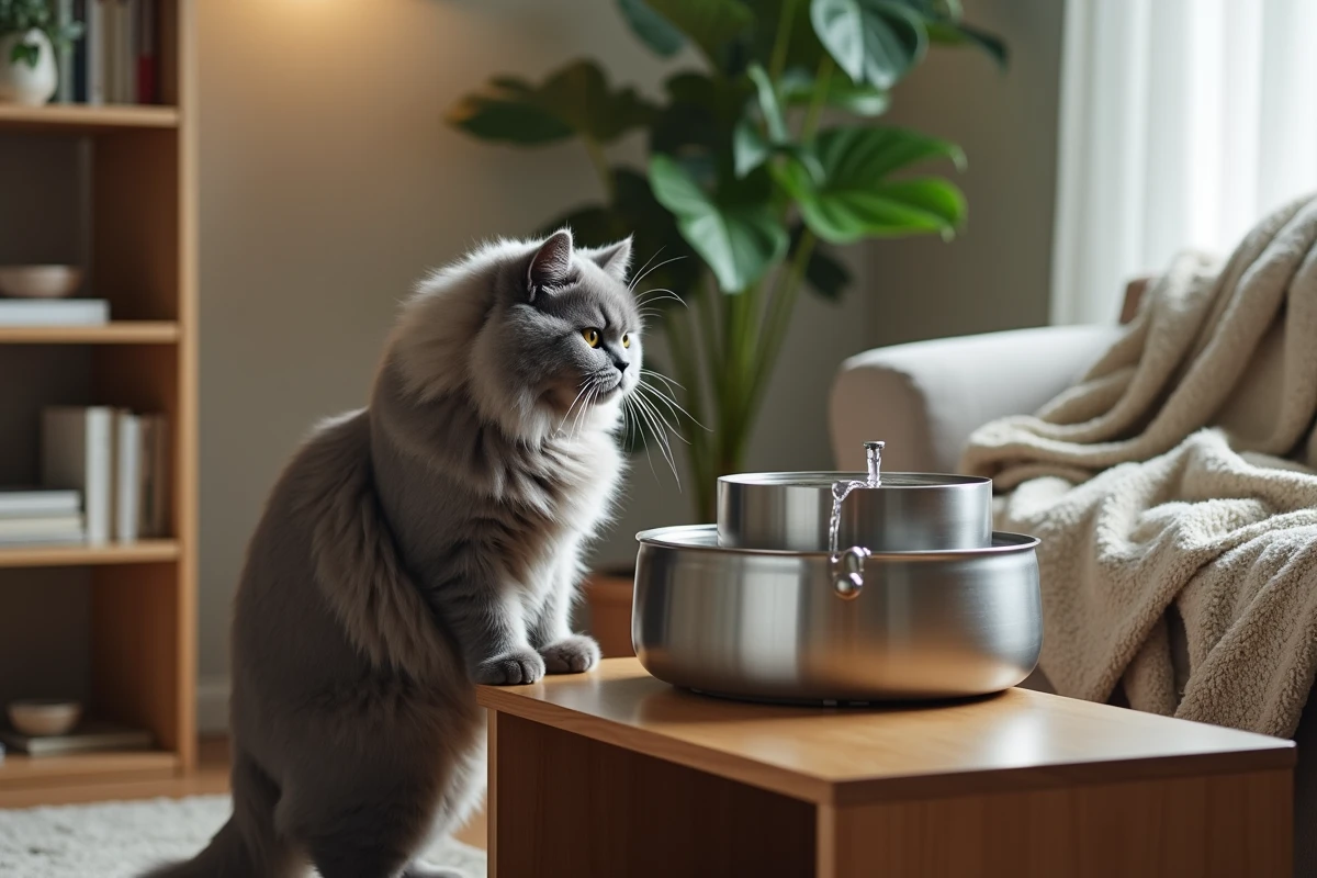 Chat persan gris se penchant vers une fontaine à eau en acier inoxydable dans un salon décoré avec des plantes et des livres