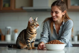 Chat tigré de 12 mois sur un comptoir moderne
