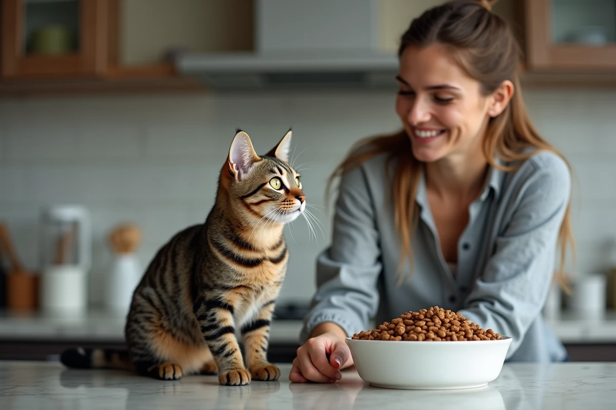 Chat tigré de 12 mois sur un comptoir moderne