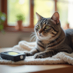 Chat senior gris assis sur une couverture près d’un glucometre