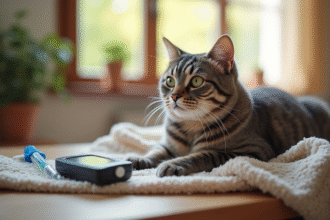 Chat senior gris assis sur une couverture près d’un glucometre