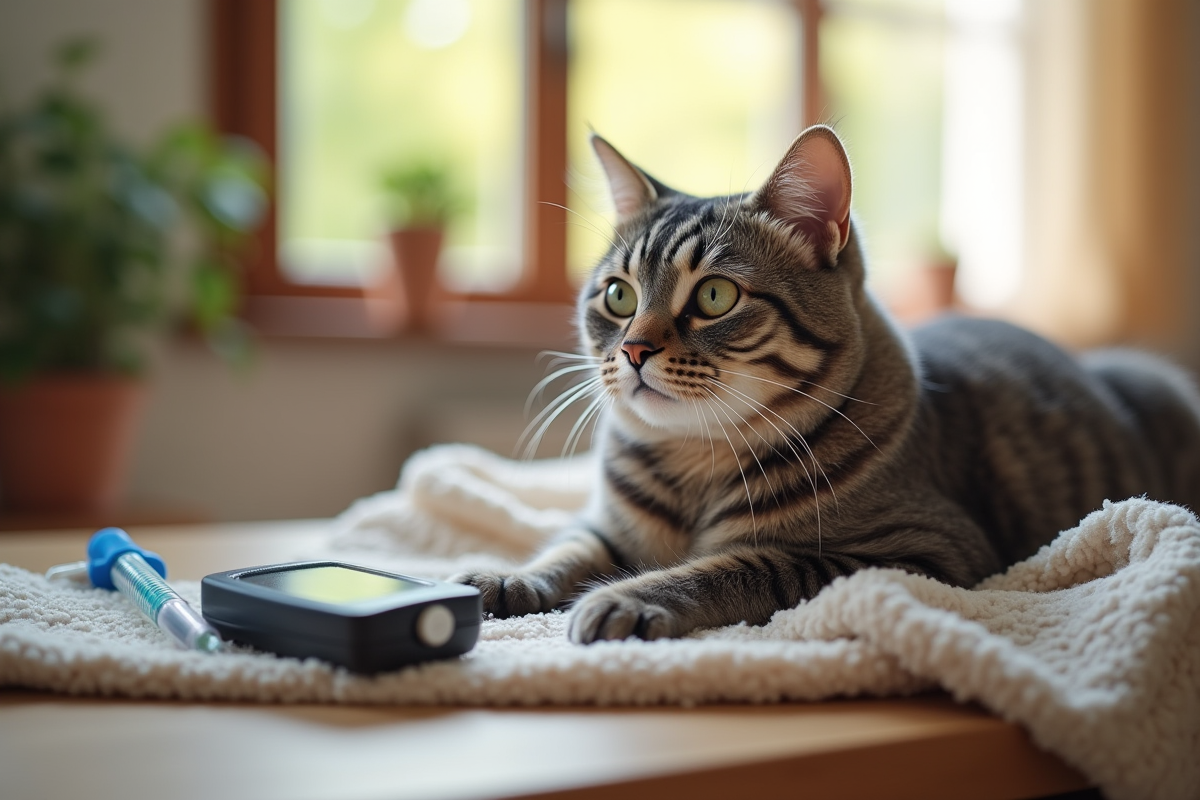 Chat senior gris assis sur une couverture près d’un glucometre