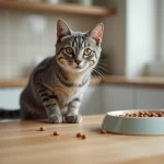 Chat domestique adulte assis devant une gamelle de croquettes Ultra Premium pour chats sensibles dans une cuisine moderne