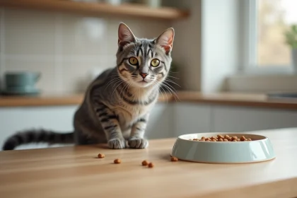 Chat domestique adulte assis devant une gamelle de croquettes Ultra Premium pour chats sensibles dans une cuisine moderne