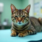 Gros plan d'un chat tigré avec un œil légèrement fermé et rougi posé sur une table vétérinaire, illustrant un ulcère cornéen en cours de guérison