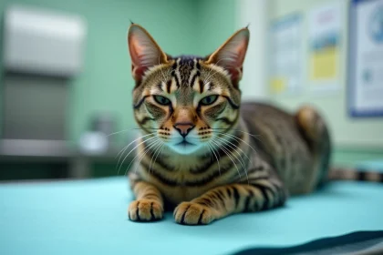 Gros plan d'un chat tigré avec un œil légèrement fermé et rougi posé sur une table vétérinaire, illustrant un ulcère cornéen en cours de guérison