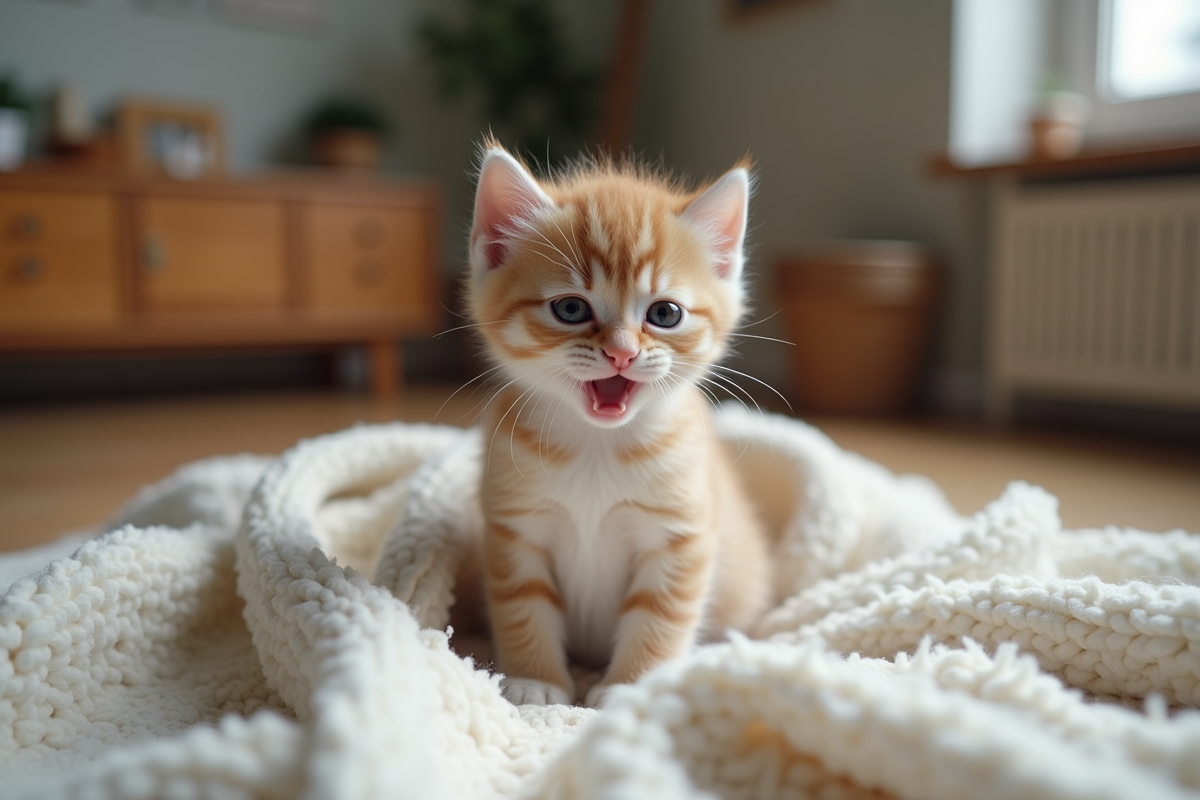 Petit chaton de cinq semaines sur une couverture en coton