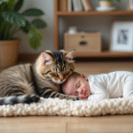 Chaton tabby et bébé endormi côte à côte dans un intérieur chaleureux