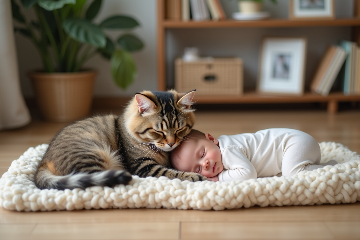 Chaton tabby et bébé endormi côte à côte dans un intérieur chaleureux