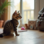 Chaton tabby curieux près d'une fenêtre dans un salon