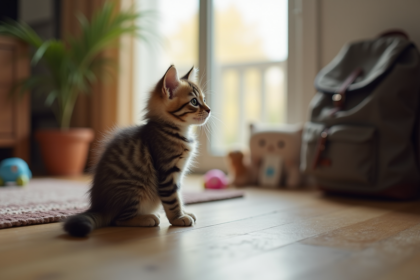 Chaton tabby curieux près d'une fenêtre dans un salon