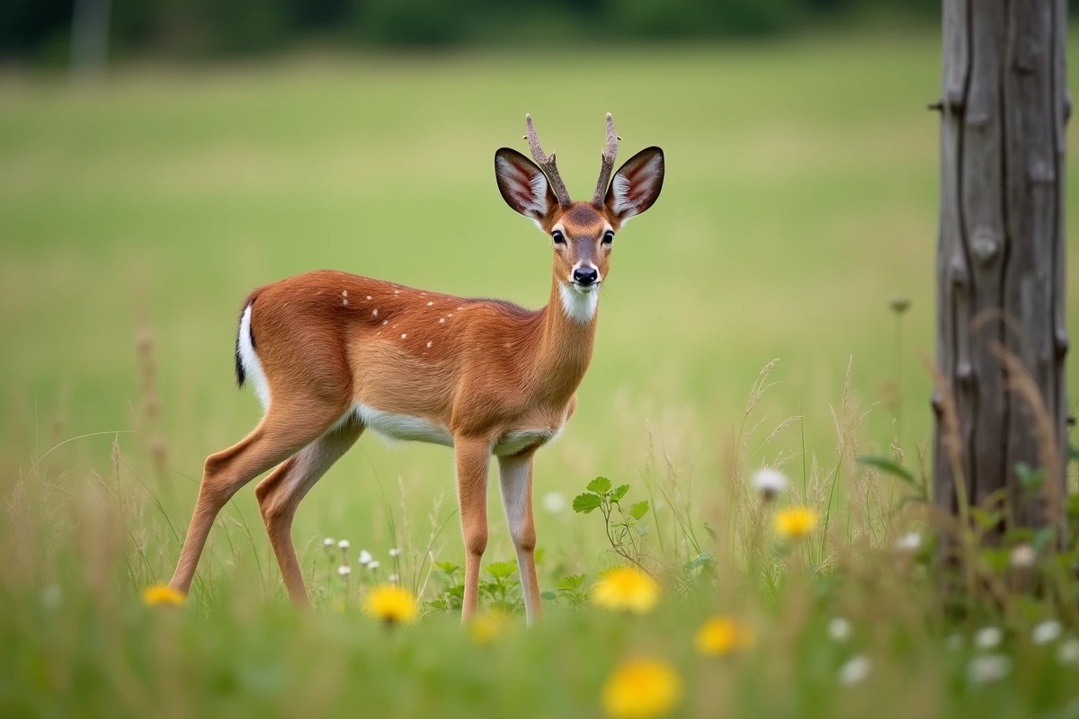 Chevreuil mâle dans une prairie française avec ses petits bois, pour comparer la taille et les bois du chevreuil et du cerf