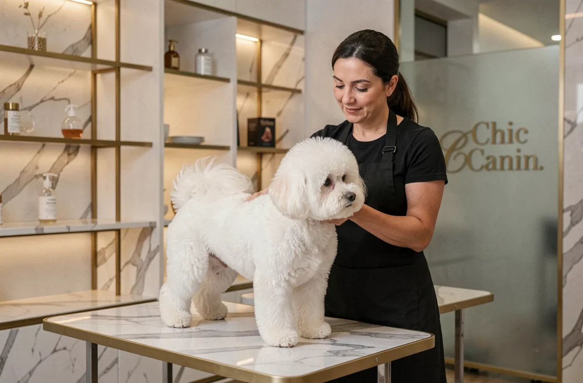Toiletteuse du salon Chic Canin coiffant un bichon frisé blanc dans un espace de toilettage élégant aux accents dorés