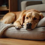 Vieux golden retriever se reposant paisiblement sur un lit orthopédique moelleux dans un salon cosy