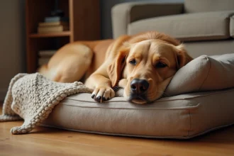 Vieux golden retriever se reposant paisiblement sur un lit orthopédique moelleux dans un salon cosy