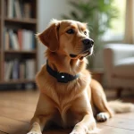 Chien golden retriever portant un collier GPS noir en intérieur, assis sur un plancher en bois dans un appartement moderne