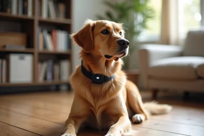 Chien golden retriever portant un collier GPS noir en intérieur, assis sur un plancher en bois dans un appartement moderne