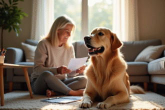 Chien dore senior assis sur un tapis dans un salon lumineux avec une femme âgée